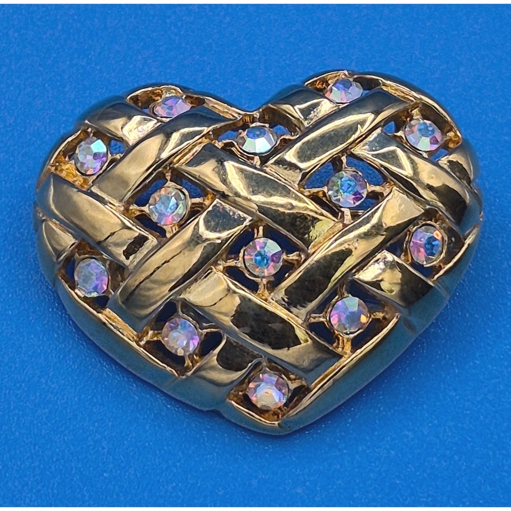 Vintage LIA Heart Brooch Gold Tone Aurora Borealis Rhinestone Basketweave Pin
